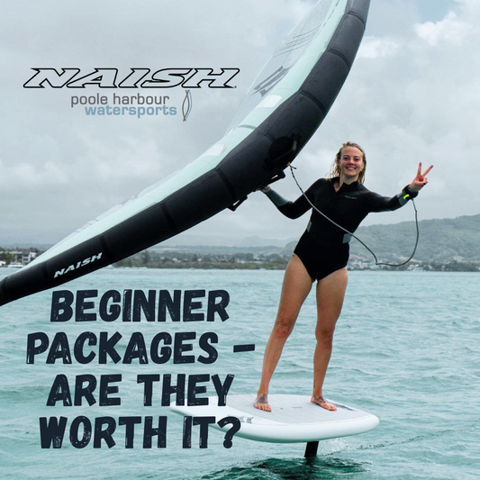 Smiling woman windsurfing on foil board with wing, text reads 'Beginner packages – are they worth it?'