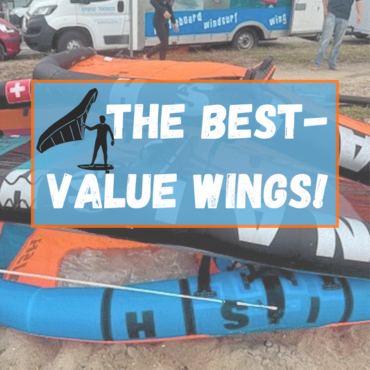 Selection of colorful inflatable wingsurf wings on sand, text overlay 'The Best-Value Wings'.