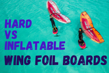 Two people wing foiling on blue water with hard and inflatable wing foil boards, comparison text overlay.