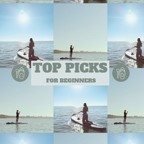 Stand up paddleboarding on calm water at sunset, Top Picks for Beginners overlay text