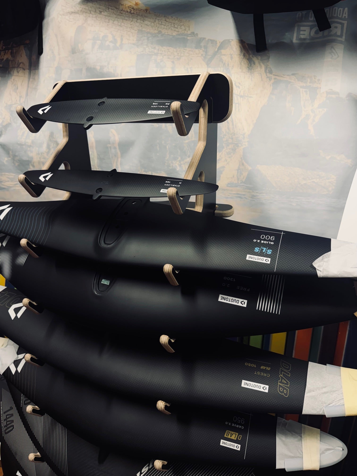 duotone wing foils on stand